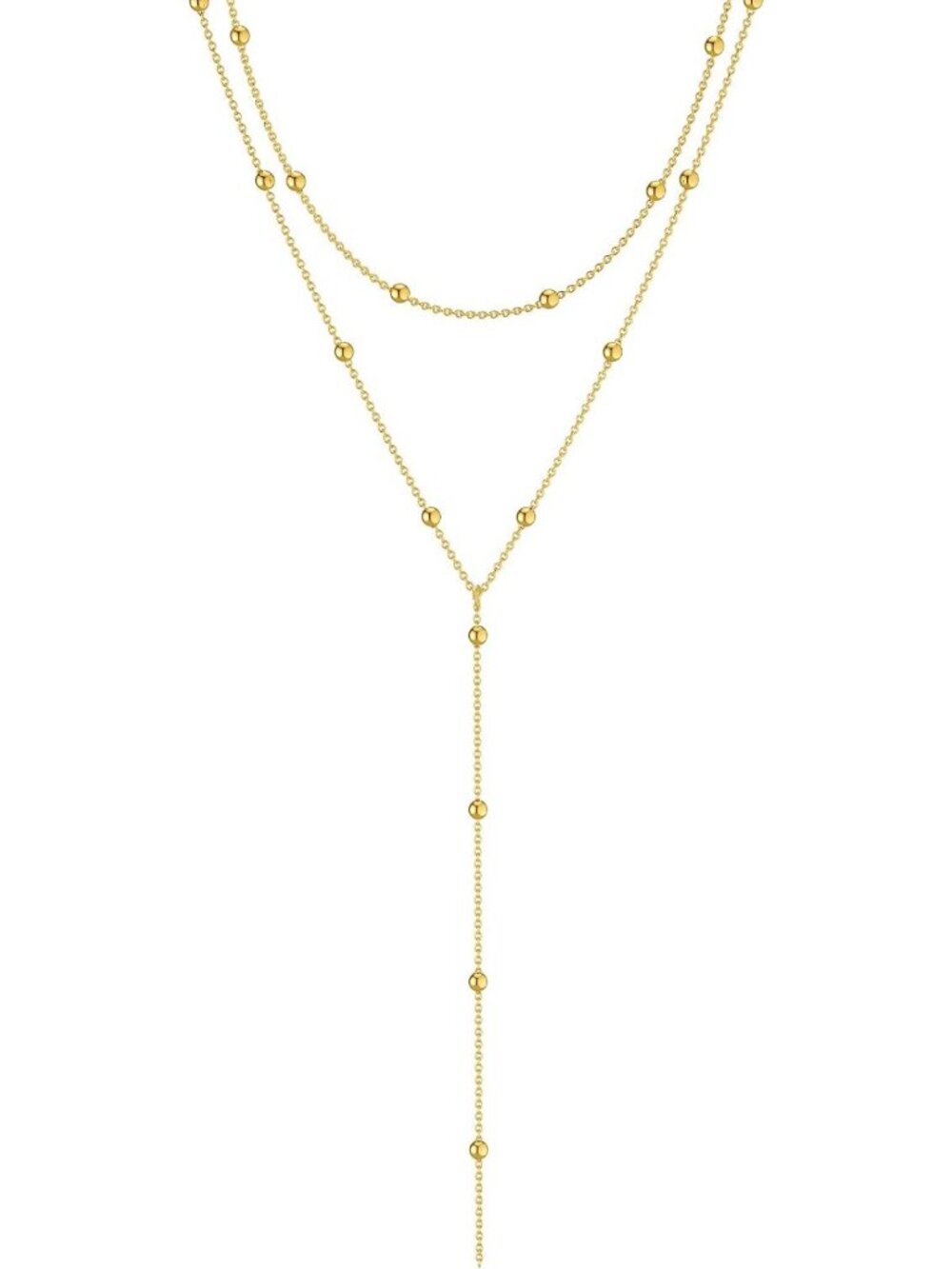 Dainty Gold Lariat Necklace for Women, Y-Shaped Pendant, Layered CZ Beaded Chain